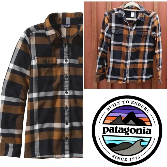 Patagonia Organic Cotton Orange & Black Plaid Flannel Button Up Shirt 8 Women - Picture 10 of 13